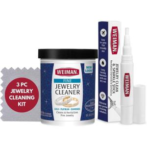 imageWeiman Fine Jewelry Cleaner Kit  3PC Set Jewelry Cleaning Liquid Clean ampamp Sparkle Stick and Polishing Cloth  For Diamonds Earrings Gold Bracelets