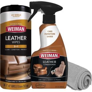 imageWeiman Leather Cleaner Conditioner ampamp Protector for Couches Boots Chairs Bags Purses ampamp Auto Interior with Microfiber Towel Included 2 Pack12 Fl Oz Spray  30 Wipes