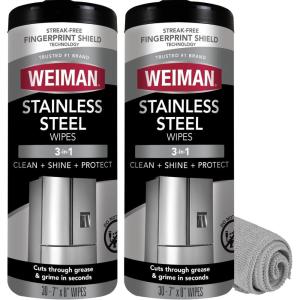 imageWeiman Stainless Steel Cleaner and Polish Wipes Bundle with Microfiber ClothRemoves Fingerprints Water Marks and Grease from Appliances  Works Great on Refrigerators Ovens and Grills30 Count Pack of 2